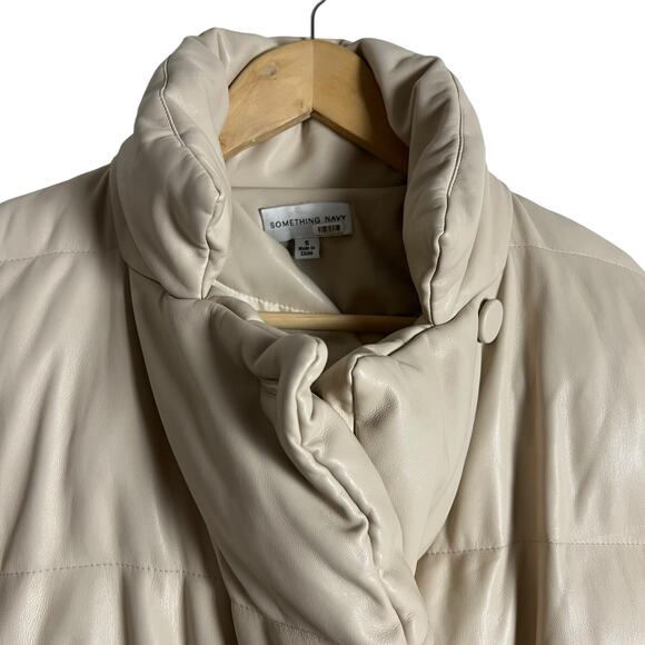 Something Navy Cream Faux Leather Oversized Trench Puffer Coat Size Small - Picture 7 of 16